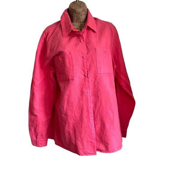 Vintage Pink Button-Up Linen Blend Shirt with Collared Neck & Chest Pockets - Picture 2 of 11